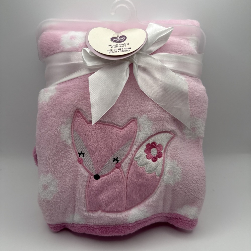 Parents Choice Pink Fox White Flower Plush Baby Blanket Walmart NWT
